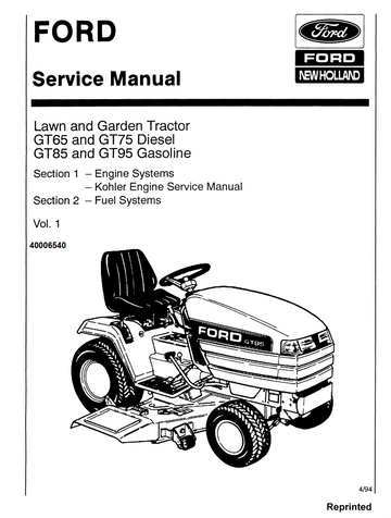 FORD NEW HOLLAND GT65 GT75 DIESEL, GT85 GT95 PETROL LAWN TRACTOR