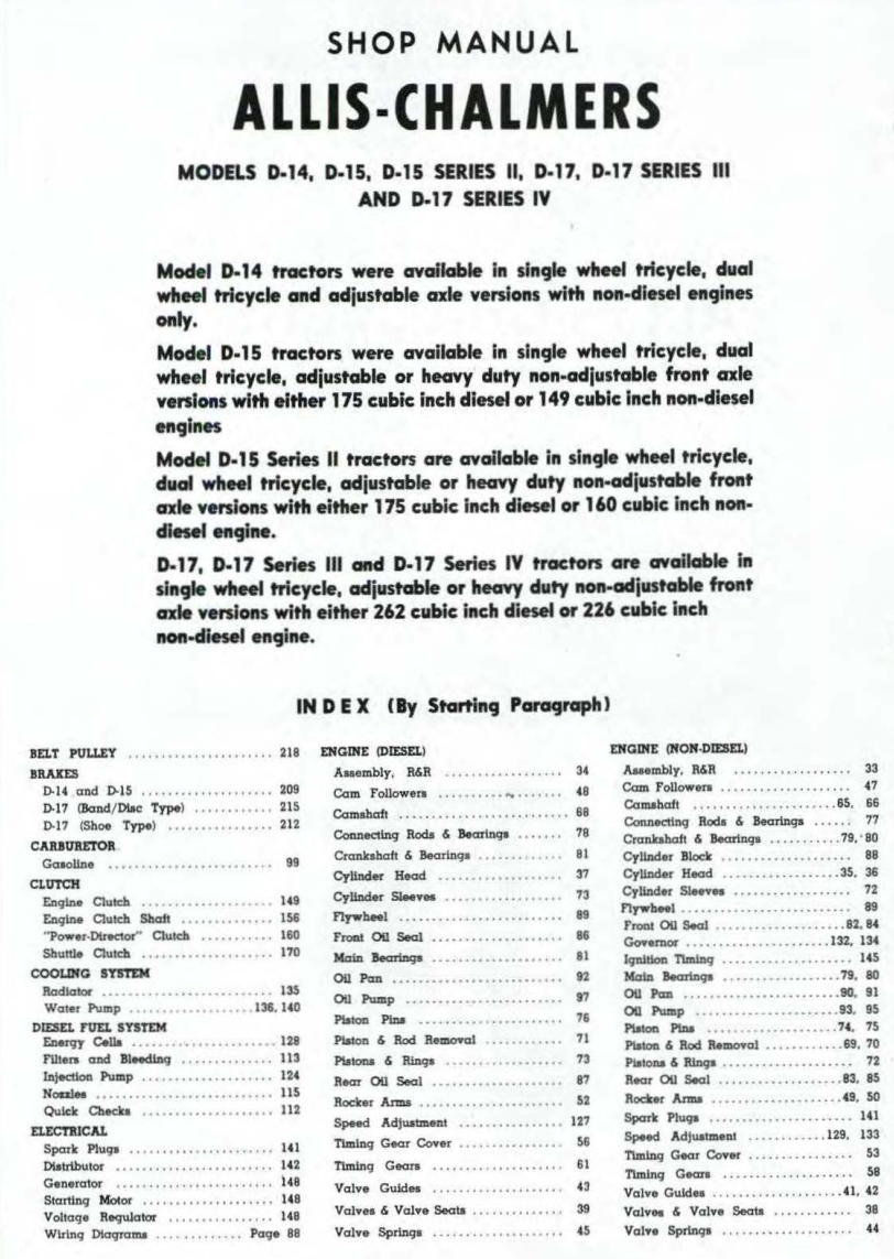 ALLIS CHALMERS MODELS D10 D12 D14 D15 D17 TRACTOR