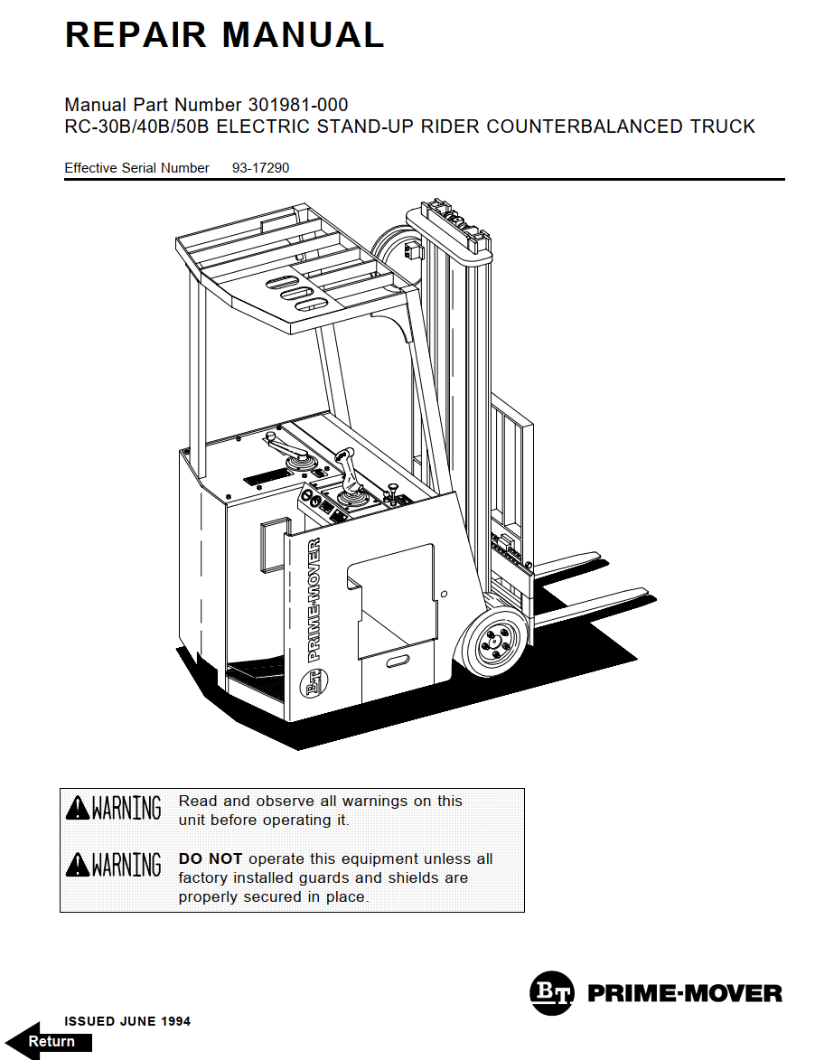 BT PRIME MOVER RC-30B RC-40B RC-50B ELECTRIC PALLET TRUCK
