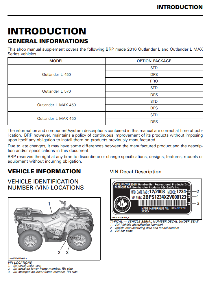 CAN-AM 2016 OUTLANDER L 570/MAX SERIES ATV