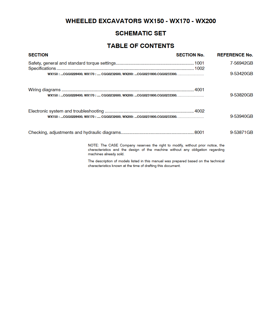 CASE WX150 WX170 WX200 WX200M SCHEMATICS SET