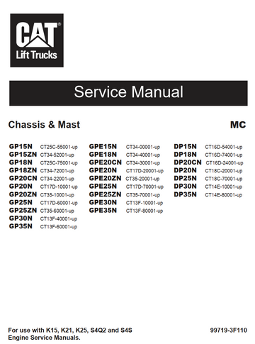 CATERPILLAR CAT GPE15N GPE15ZN GPE18N GPE18ZN GPE20CN GPE20N GPE20ZN GPE25N GPE25ZN GPE30N GPE35AN LIFT TRUCK