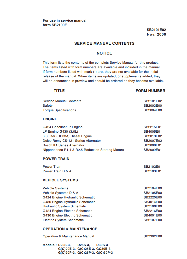 DAEWOO D20S-3, D25S-3, D30S-3 G(C)20E-3, G(C)25E-3, GC30E-3 G(C)20P-3, G(C)25P-3, G(C)30P-3 FORKLIFT