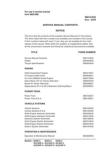 DAEWOO D20S-3, D25S-3, D30S-3 G(C)20E-3, G(C)25E-3, GC30E-3 G(C)20P-3, G(C)25P-3, G(C)30P-3 FORKLIFT