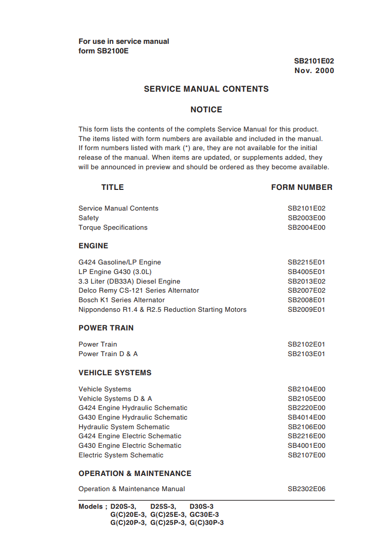DAEWOO G(C)20E-3, G(C)25E-3, GC30E-3, G(C)20P-3, G(C)25P-3, G(C)30P-3 FORKLIFT