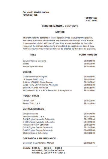 DAEWOO G(C)20E-3, G(C)25E-3, GC30E-3, G(C)20P-3, G(C)25P-3, G(C)30P-3 FORKLIFT