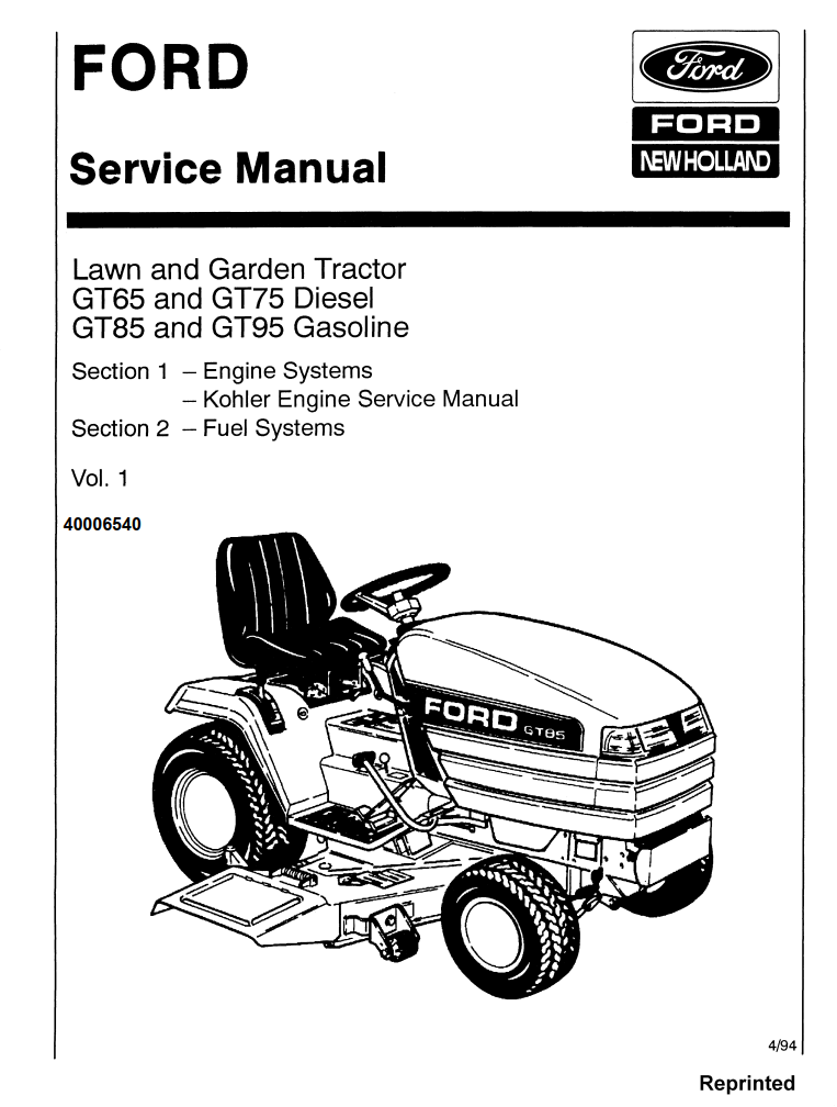 FORD NEW HOLLAND GT65 GT75 DIESEL, GT85 GT95 PETROL LAWN TRACTOR