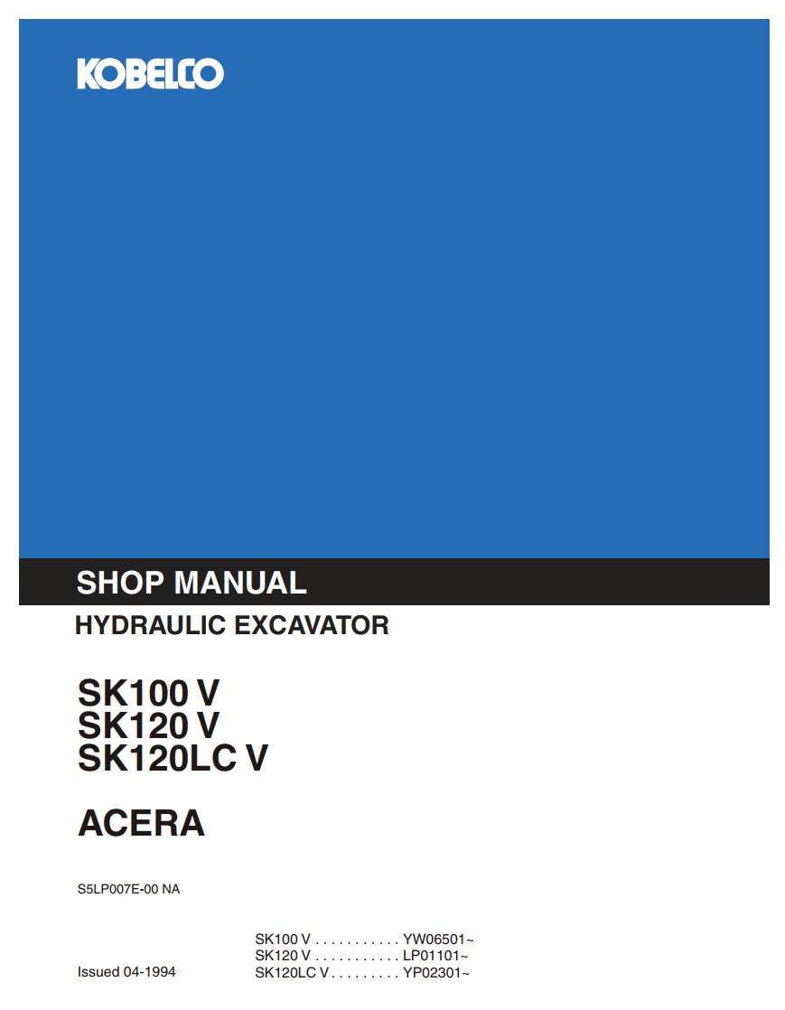 KOBELCO SK100 V, SK120 V, SK120LC V ACERA CRAWLER EXCAVATOR