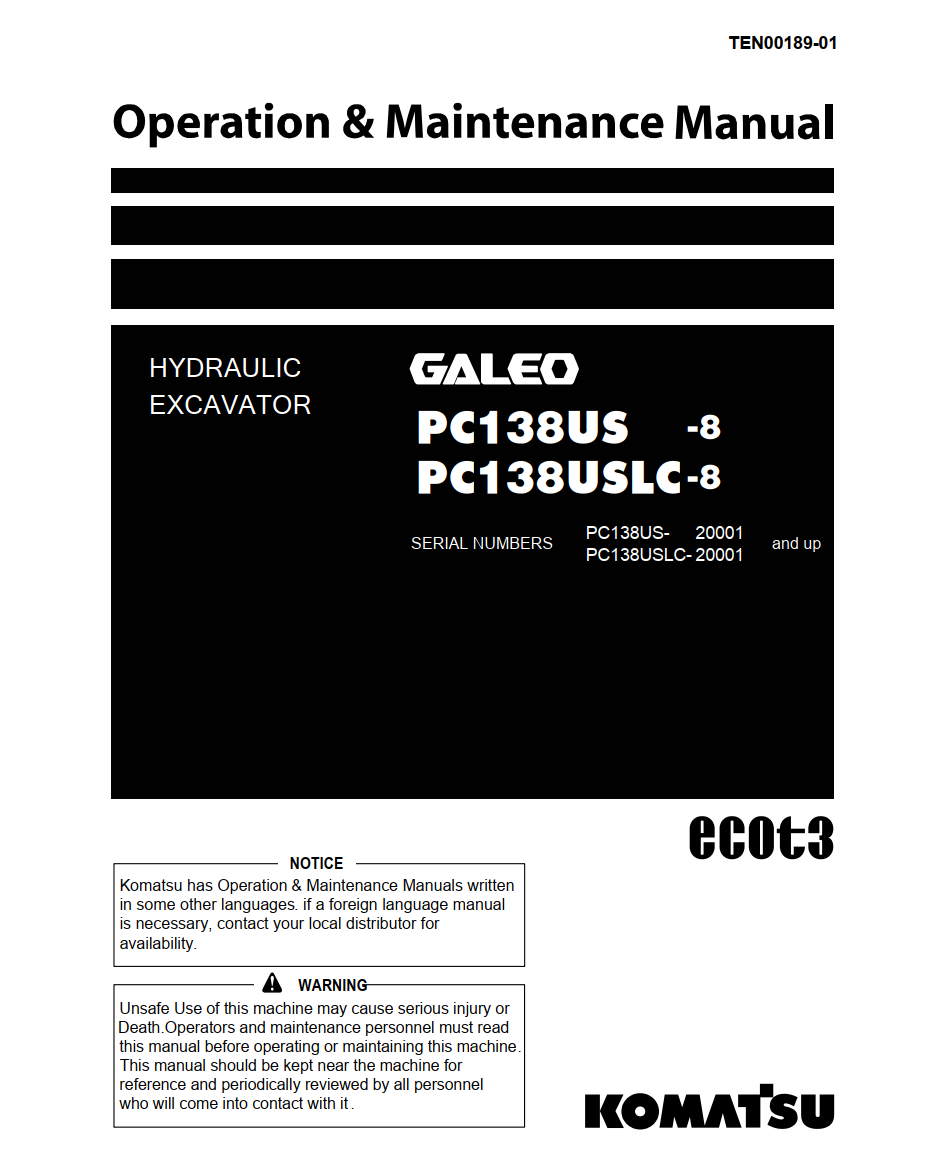 KOMATSU PC138US-8, PC138USLC-8 MAINTENANCE MANUAL