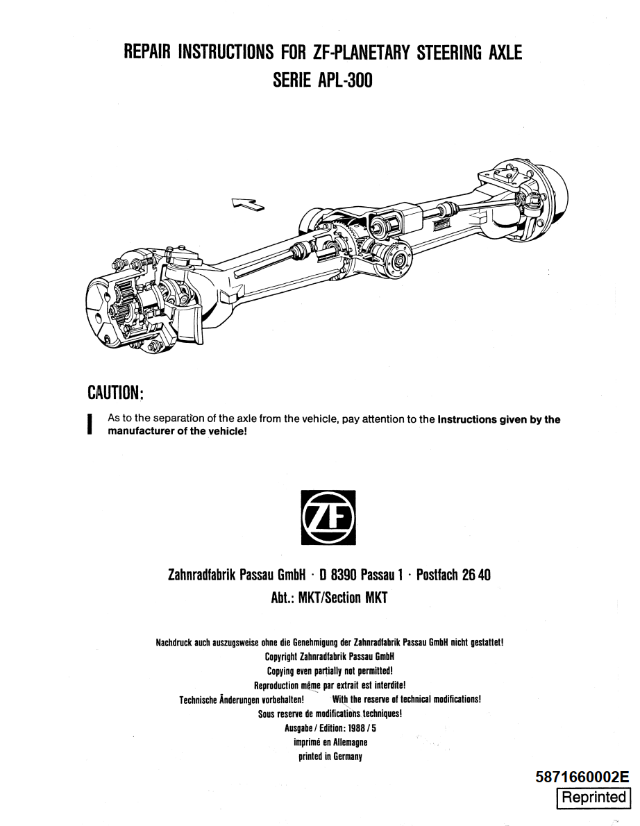 NEW HOLLAND APL300 ZF-PLANETARY STEERING AXLE REPAIR INSTRUCTIONS