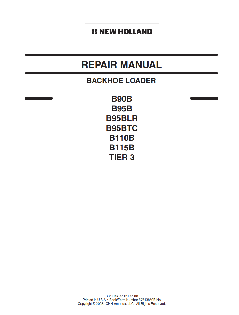 NEW HOLLAND B90B B95B B95BLR B95BTC B110B B115B TIER 3 BACKHOE LOADER
