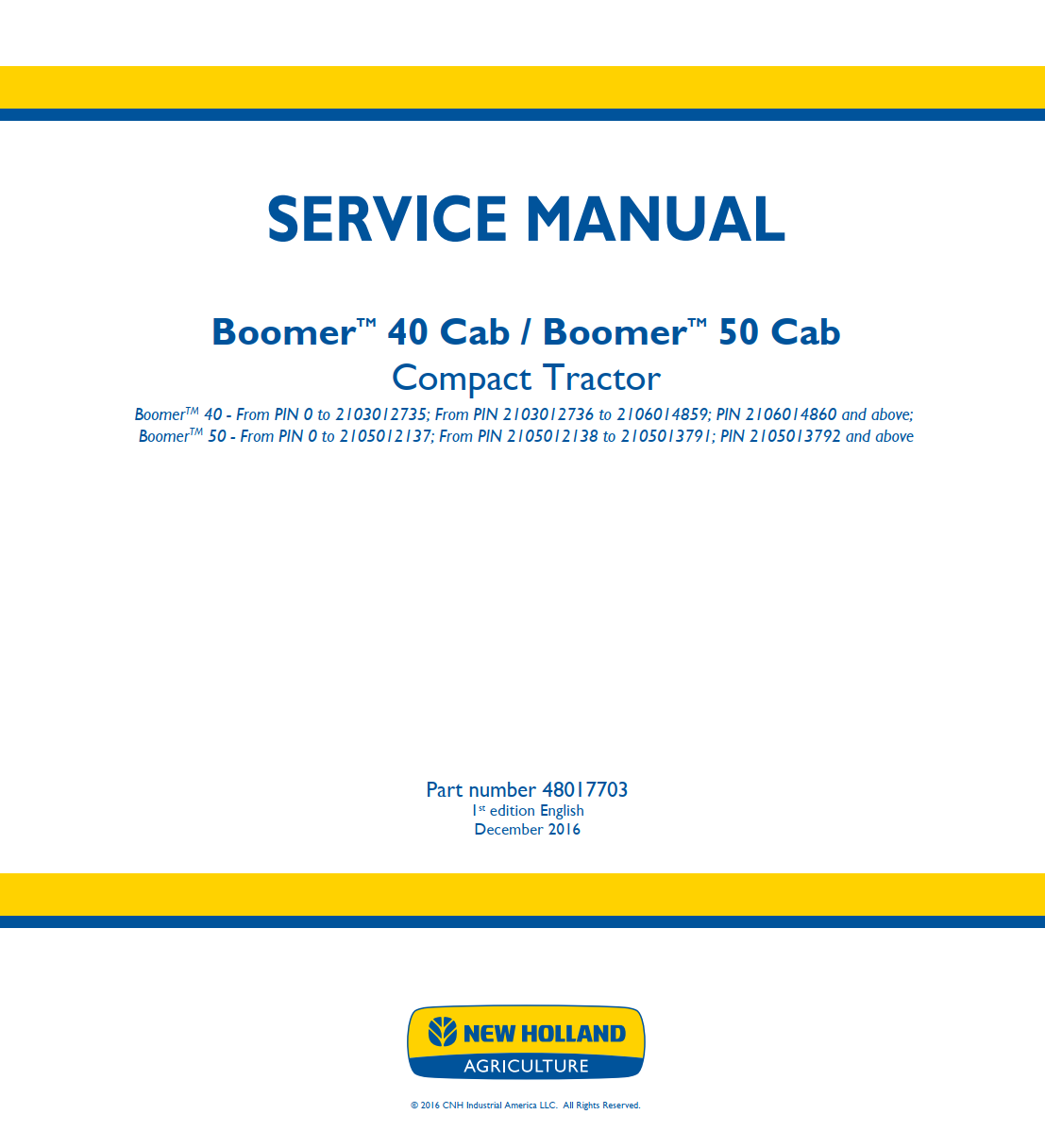 NEW HOLLAND BOOMER 40 CAB BOOMER 50 CAB COMPACT TRACTOR