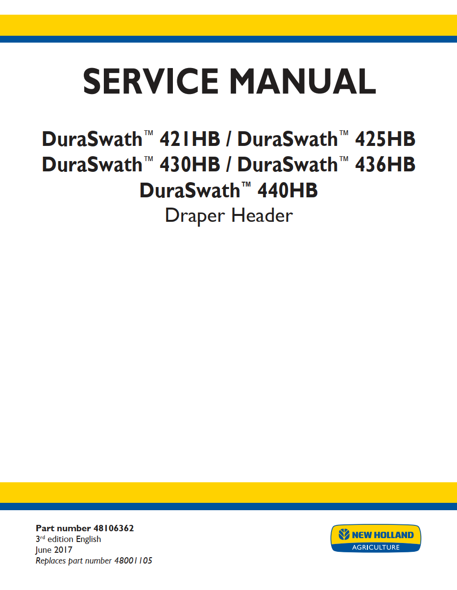 NEW HOLLAND DURASWATH 421HB 425HB 430HB 436HB 440HB DRAPER HEADER