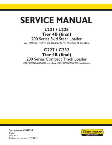 NEW HOLLAND L221 L228 C227 C232 TIER 4B 200 SERIES SKID STEER