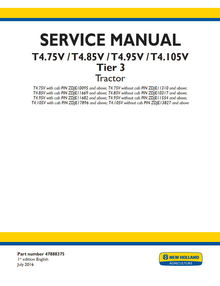 NEW HOLLAND T4.75V T4.85V T4.95V T4.105V TIER 3 TRACTOR