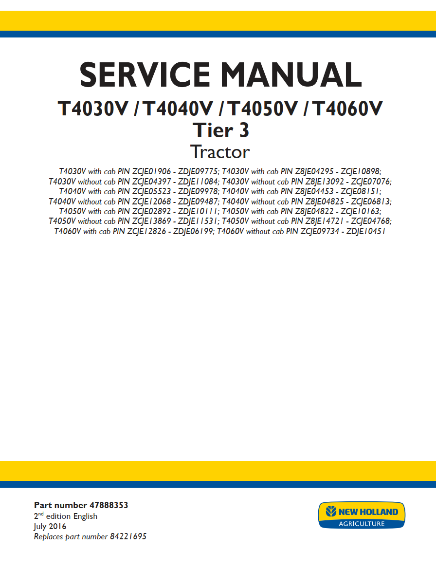 NEW HOLLAND T4030V T4040V T4050V T4060V TIER 3 TRACTOR