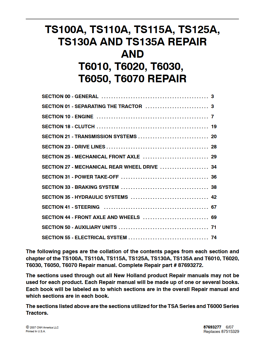NEW HOLLAND TSA SERIES TS100A TS110A TS115A TS125A TS130A TS135A 