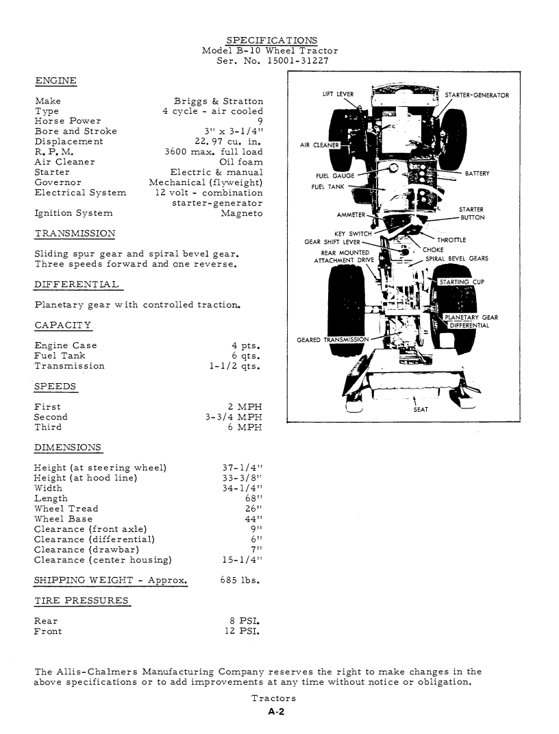 ALLIS CHALMERS B SERIES B1 B10 BIG TEN B110 B112 HB112 TRACTOR