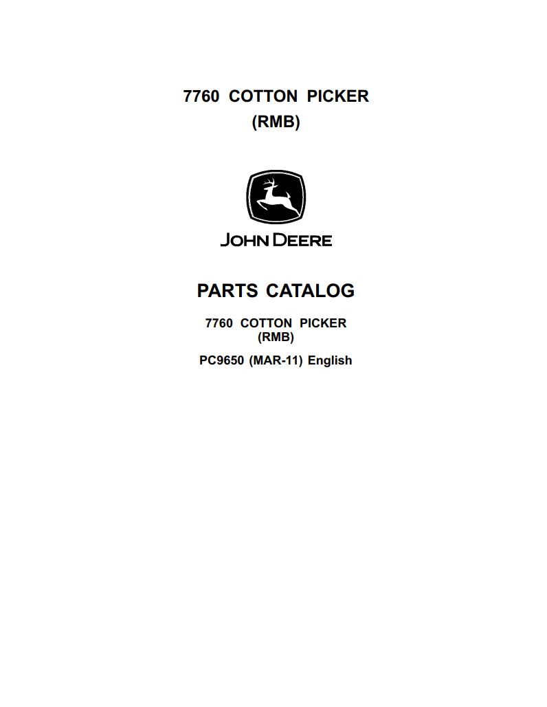 JOHN DEERE 7660 7760 RMB COTTON PICKER HARVESTER PARTS CATALOG