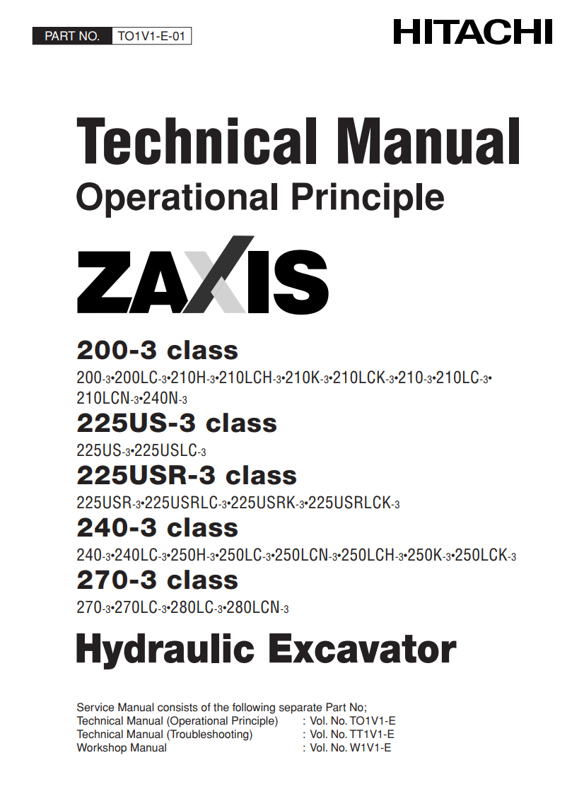 HITACHI ZAXIS 200-3 225US-3 225USR-3 240-3 270-3 CLASS 3 HYDRAULIC DIGGER