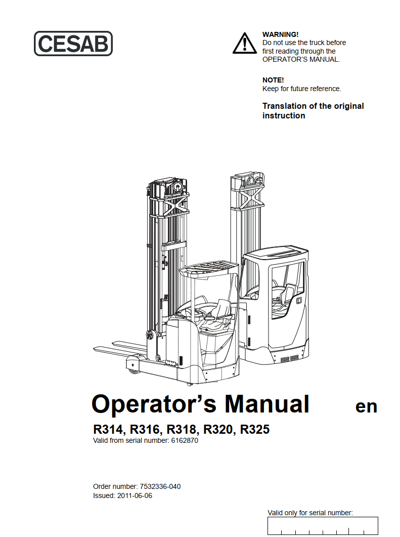 Section R314 CESAB R314 CC ELECTRIC REACH TRUCK SERVICE REPAIR, PARTS, OPERATOR MAN