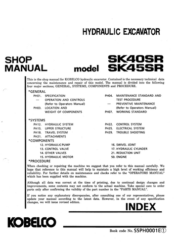 KOBELCO SK40SR, SK45SR MINI EXCAVATOR SERVICE REPAIR SHOP MANUAL
