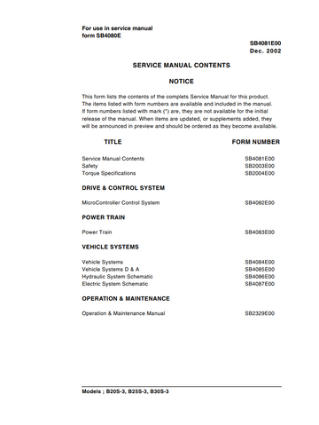 DAEWOO B20S-3, B25S-3, B30S-3 LIFT TRUCK FORKLIFT SERVICE MANUAL