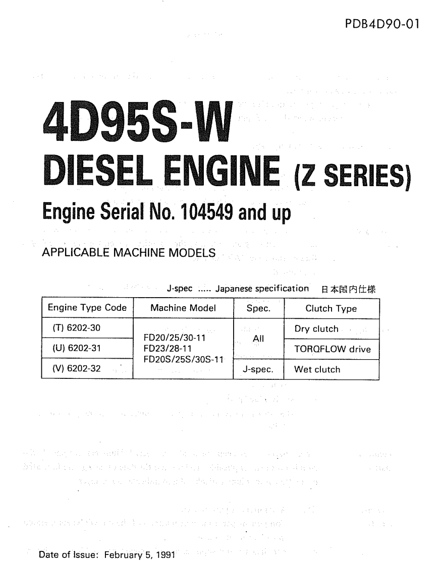 KOMATSU 4D95S-W Z SERIES DIESEL ENGINE FD SERIES FORKLIFT PARTS CATALOG