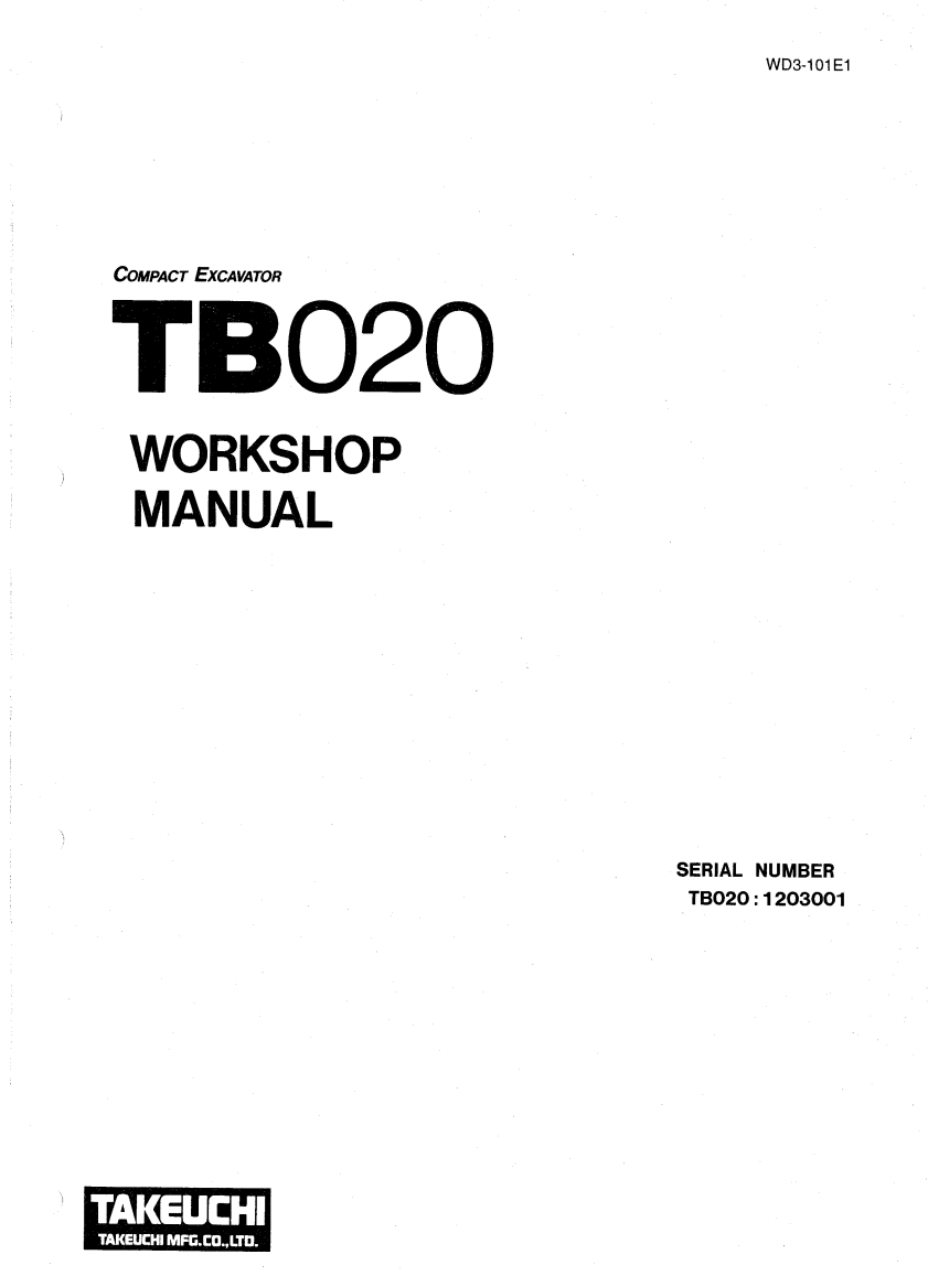 TAKEUCHI TB020 MINI EXCAVATOR SERVICE MANUAL