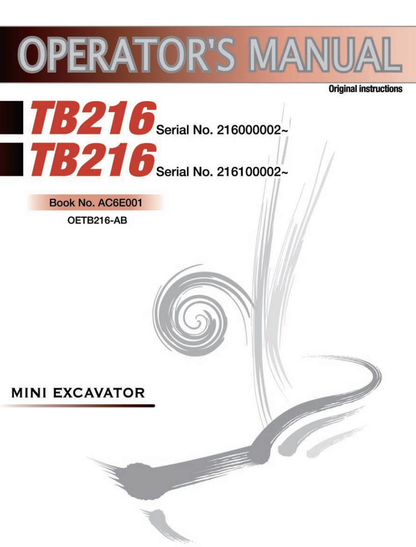 TAKEUCHI TB216 MINI EXCAVATOR WORKSHOP MANUAL