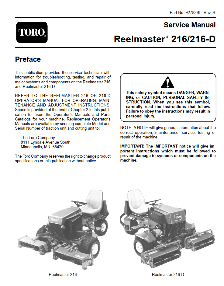 TORO REELMASTER 216 216D 216-D SERIES MOWER