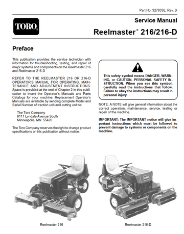 TORO REELMASTER 216 216D 216-D SERIES MOWER