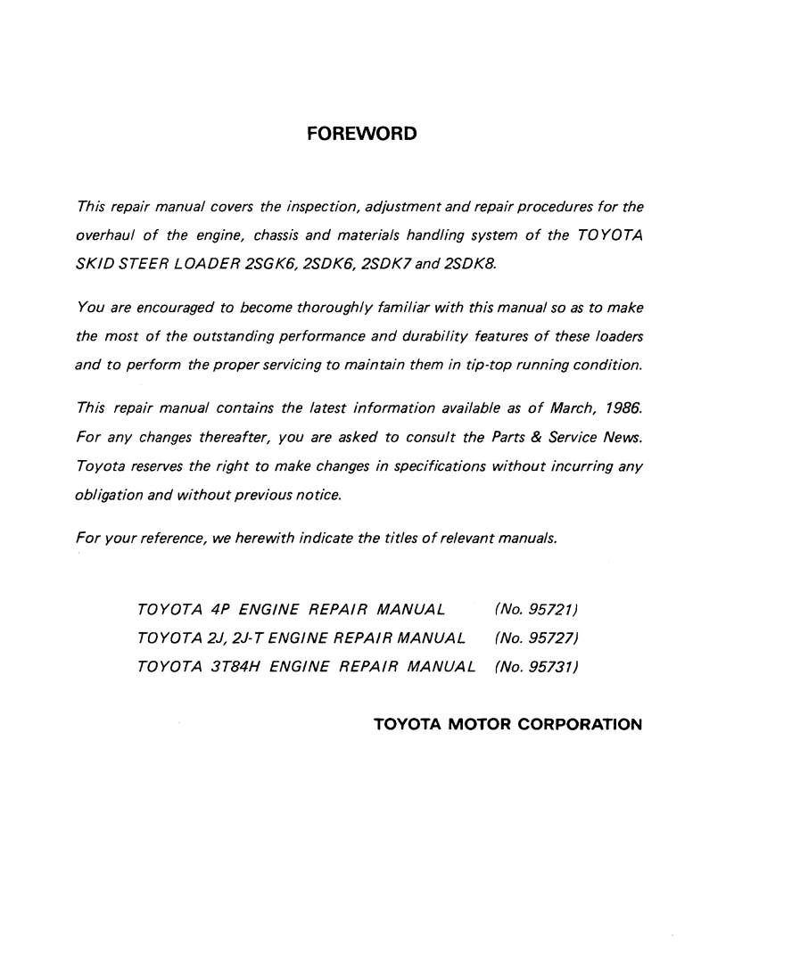 TOYOTA SKID STEER LOADER 2SDK 2SGK6 2SDK6 2SDK7 2SDK8